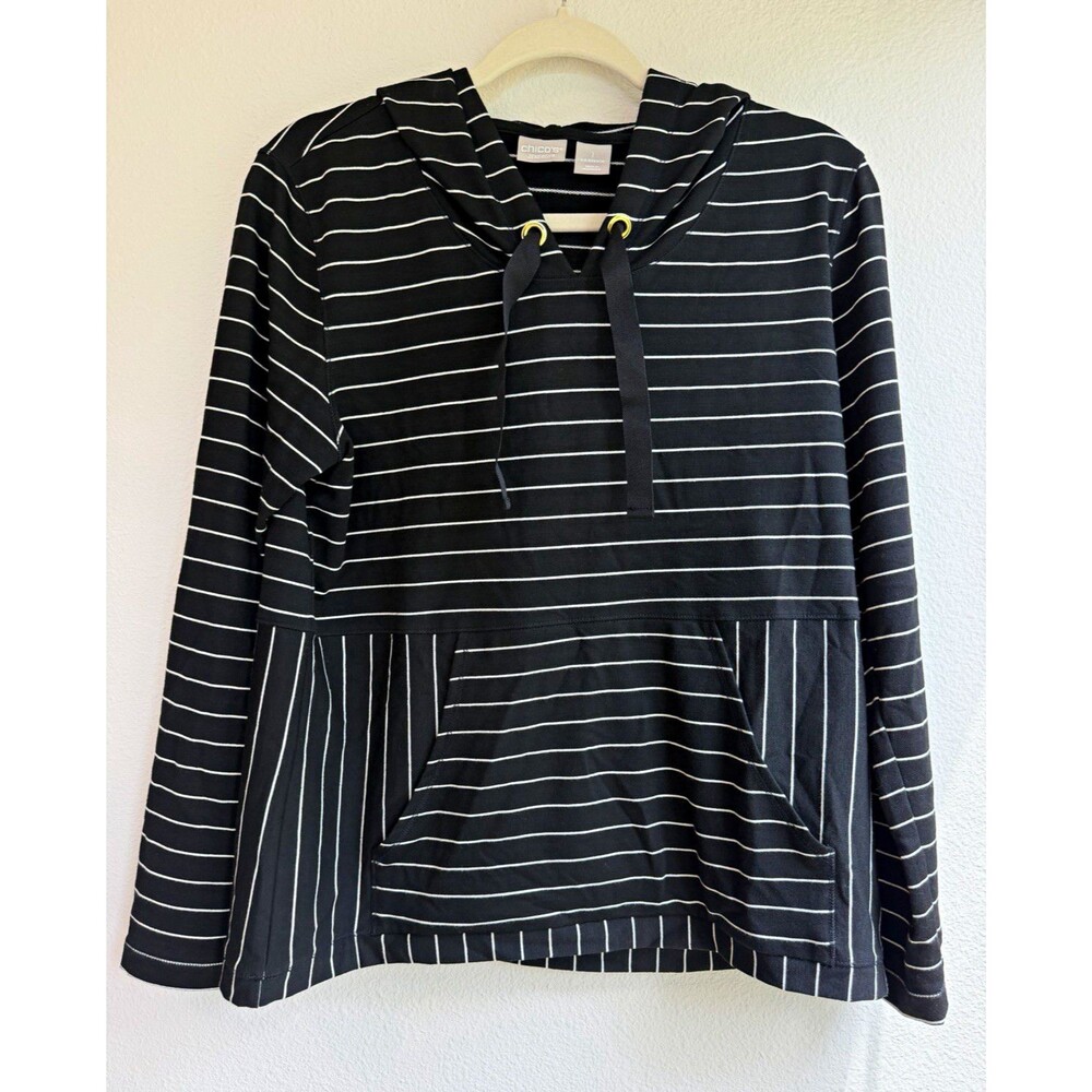 Chico's Zenergy Black/White Striped Hooded Pullover Hoodie Pockets Women's M
